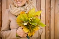 Closeup of woman`s hands holding beautiful bunch of yellow marple leaves. Young smiling woman walking in park and making bouquet