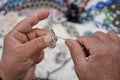 Closeup of woman`s hands knitting Royalty Free Stock Photo