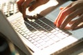 Closeup woman`s hands typing on a laptop with sunlight Royalty Free Stock Photo