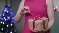 Woman`s Hands Unwrapping a Christmas Gift