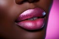 closeup of a woman\'s lips with pink lipstick. Fashion Portrait closeup of beautiful black woman lips. Bright pink lipstick Royalty Free Stock Photo