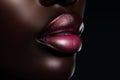 closeup of a woman\'s lips with pink lipstick. Fashion Portrait closeup of beautiful black woman lips. Bright pink lipstick Royalty Free Stock Photo