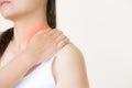 Closeup woman shoulder pain and injury. Royalty Free Stock Photo