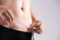 Closeup of woman showing on her belly dark scar from a cesarean section with measuring tape. Healthcare concept