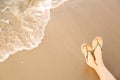 Closeup of woman with stylish flip flops on sand sea, space for text. Beach accessories Royalty Free Stock Photo