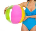 Closeup on woman in swimsuit holding beach ball Royalty Free Stock Photo
