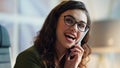 Closeup woman talking phone with smile indoors. Cheerful girl speaking telephone Royalty Free Stock Photo