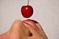 Closeup Of A Woman Tasting A Cherry