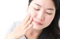 Closeup woman toothache with white background, health care and m