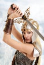 Closeup woman warrior with sword