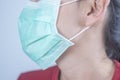 Closeup woman wearing hygiene protective mask to protect COVID19 virus face mask to protect corona virus crisis face of a woman