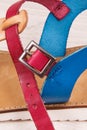 Closeup of womanly leather sandals, part of footwear
