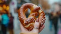 Closeup of a womans hand holding a freshly baked soft pretzel covered in melted butter and topped with co salt