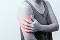 Closeup women arm and shoulder pain/injury with red highlights on pain area with white backgrounds