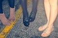 Closeup, women or feet with shoes for fashion, vintage style or aesthetic in road for lifestyle or trend. Person, legs Royalty Free Stock Photo