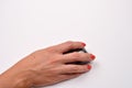 Closeup of a women hand using modern computer mouse on white su Royalty Free Stock Photo