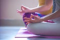 Closeup of women hands in mudra gesture practice yoga indoor