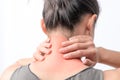 women neck and shoulder pain/injury with red highlights on pain area with white background, healthcare and medical concept