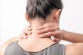 women neck and shoulder pain/injury with white backgrounds, healthcare and medical concept