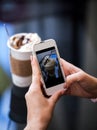 Closeup of women`s hands making photo of sweet dessert on mobile phone while sitting in comfortable restaurant