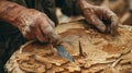 Closeup of wood carver hand making sculpture with chisel