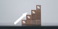 Closeup wood cubes with percentage symbol, Percent and upwards increasing arrows on wooden cubes. Financial interest mortgage