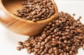 Closeup of Woodden Bowl with Heap of Arabica Coffee Beans on White Surface. Light Effect Used