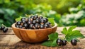 Closeup of a Wooden Bowl Full of Fresh Black Currant Berries - Generative Ai