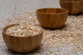 Closeup of a wooden bowl of oats