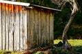 Closeup of a wooden cabin next to a lifeless tree