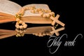 Closeup of wooden Christian cross on bible and prayer beads on black.Church utensils Royalty Free Stock Photo