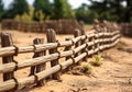 Closeup wooden fence corral for cattle. AI generative