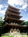 Closeup wooden Five Storied Pagoda in Daigoji Temple on bright blue sky background, Kyoto, Japan Royalty Free Stock Photo