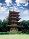 Closeup wooden Five Storied Pagoda in Daigoji Temple on bright blue sky background, Kyoto, Japan Royalty Free Stock Photo