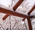 Closeup of a wooden gazebo covered with snow.