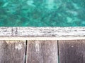 Closeup of wooden pier with blue sea background