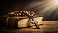 Wooden Religious Cross and an Old Holy Bible - Generative Ai Royalty Free Stock Photo