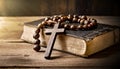 Wooden Religious Cross and an Old Holy Bible - Generative Ai Royalty Free Stock Photo