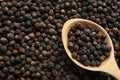 Closeup of wooden spoon with black peppercorns Royalty Free Stock Photo