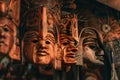 Closeup of wooden statues with carved faces. Artifacts in Guatemala