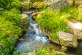 Closeup Of Woodland Stream And Waterfall With Silky Slow Motion Water And Many Plants In The Rocks
