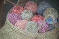 wool balls in wooden basket in fashion store Royalty Free Stock Photo