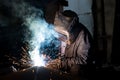 Closeup worker in a mask doing the welding in a workshop Royalty Free Stock Photo