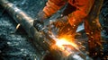 Closeup of a worker using a blowtorch to weld two sections of gas pipe together Royalty Free Stock Photo