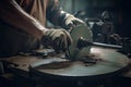 Closeup of a worker using a circular saw to cut a piece of metal, An industrial workers hands close up of working in project, AI Royalty Free Stock Photo