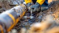 Closeup of a worker using a specialized tool to thread a pipe into an existing gas line