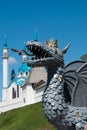 Closeup of Wrought iron sculpture of Zilant against a blue sky