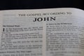 Closeup of "The Gospel According to John" in Holy Bible Royalty Free Stock Photo