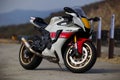 Closeup of a Yamaha YZF-R1 motorcycle on a road Royalty Free Stock Photo