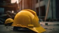 A closeup of yellow construction helmet, A beautiful construction yard in the background. Generative AI Royalty Free Stock Photo